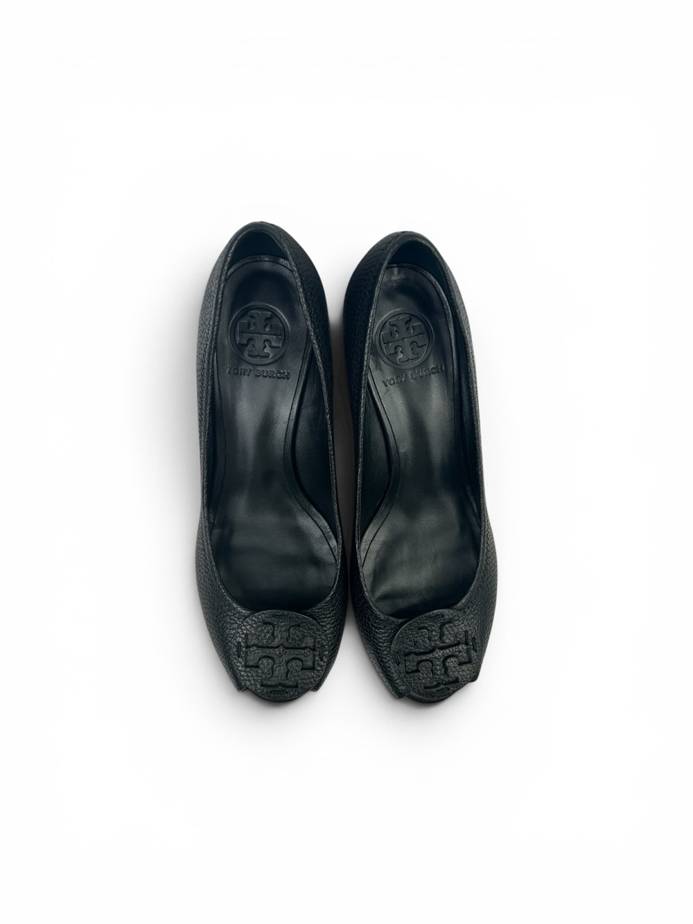 Tory Burch Black Pebbled Leather Peep-Toe Wedge Shoes - Picture 4 of 7